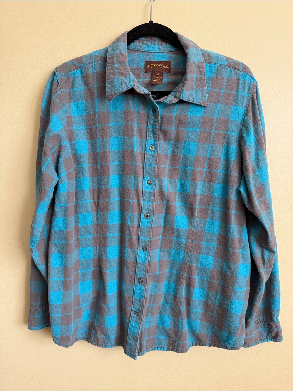 Lincoln Outfitters Men’s 2XL Blue Gray Plaid 100% Cotton Flannel unisex  Shirt